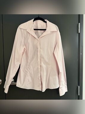 brooks bros tailored pink and white stripe non iron poplin pleated sleeve top 14